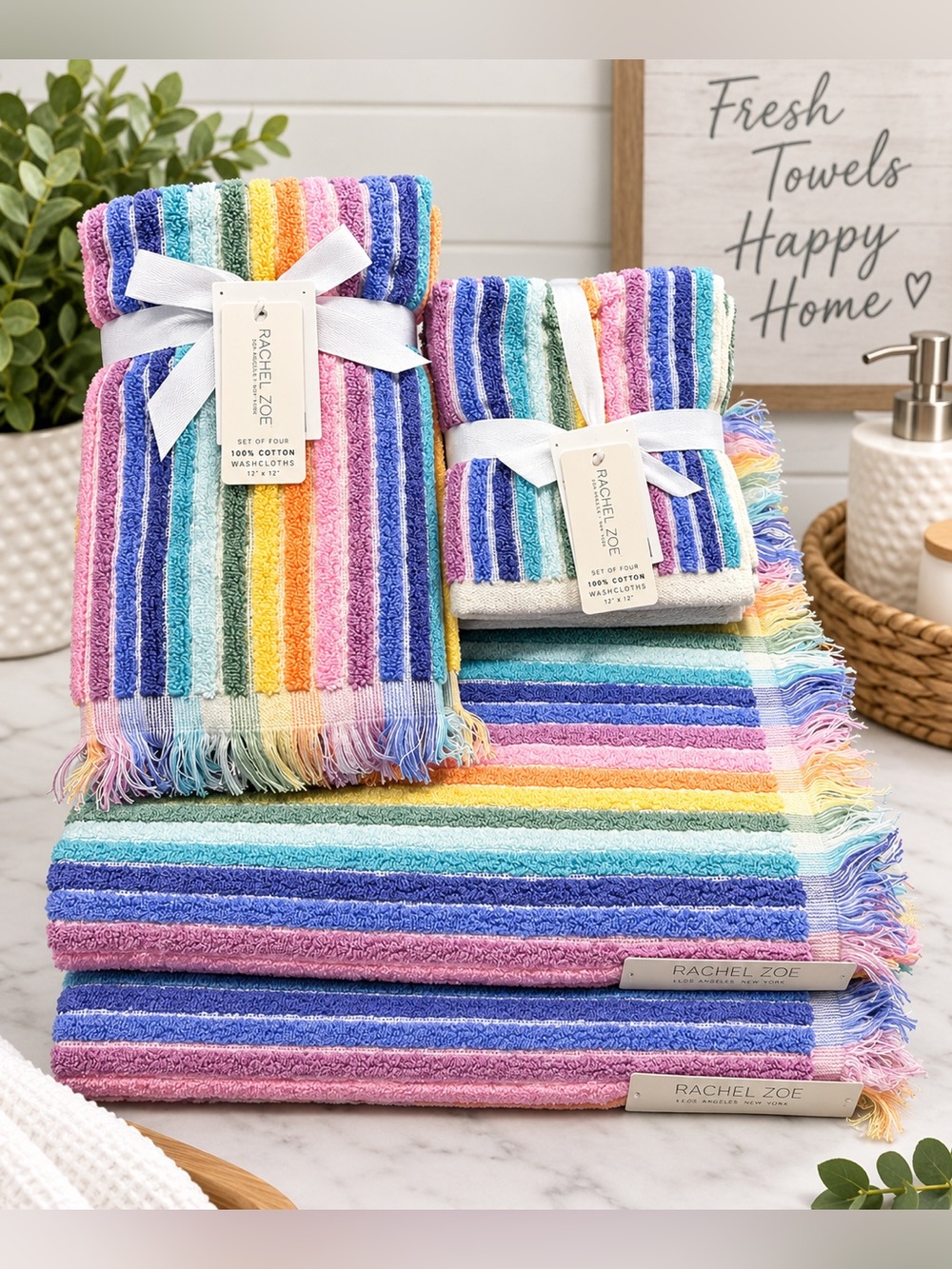 🌈Rachel Zoe Rainbow Striped Fringe Cotton Towel Set 2 Bath 4 Wash  2 Hand NWT🌈
